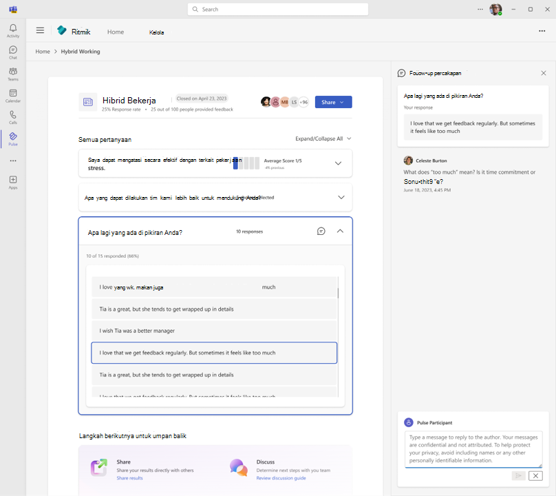Gambar yang memperlihatkan bagaimana peserta Pulse bisa merespons percakapan dalam laporan Pulse