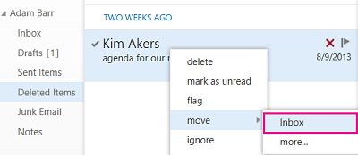 Jalur ke menu untuk digunakan memulihkan item dari folder Item Terhapus di Outlook Web App