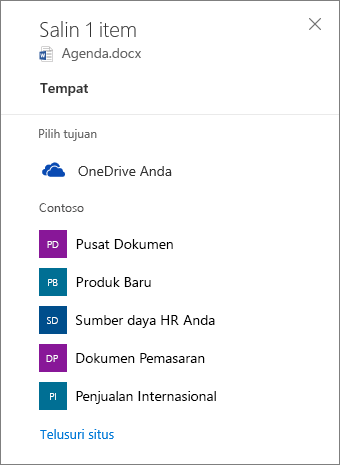 Cuplikan layar Memilih tujuan ketika menyalin file dari OneDrive for Business ke situs SharePoint.