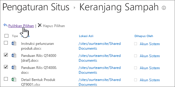 Keranjang sampah tingkat 2 SharePoint 2013 dengan tombol pulihkan disorot