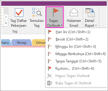 Cuplikan layar tombol Tugas Outlook di OneNote 2016.