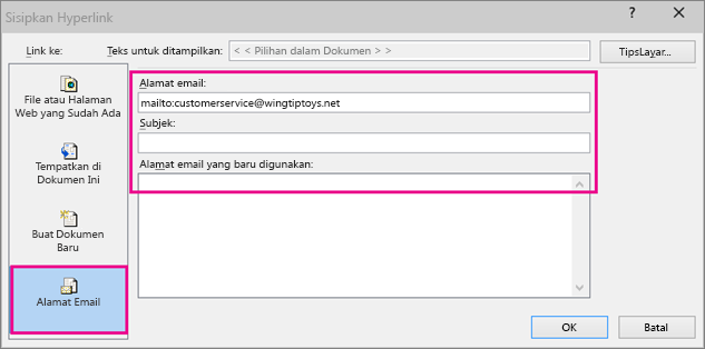 Memperlihatkan kotak dialog di mana menyisipkan link ke email dipilih