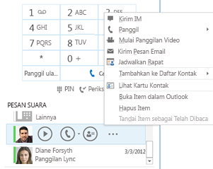 Cuplikan layar memeriksa pesan suara di Lync