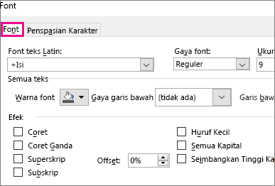 Kotak dialog Font di Excel
