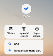 Cuplikan layar memperlihatkan menu pintasan Android yang mencantumkan opsi: Pilih item, Hapus dari rumah, hapus instalan, Cari dan tambahkan tugas baru