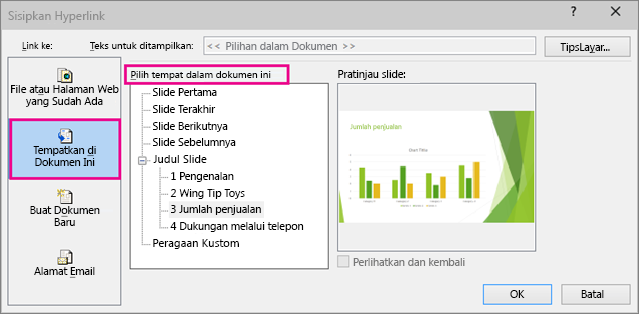 Memperlihatkan kotak dialog dengan menyisipkan link di dalam dokumen yang sama dipilih