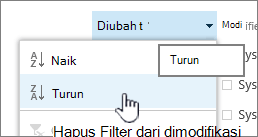 Menu pengurutan menurun di header kolom