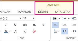 Gambar tab Desain dan Tata Letak di bawah Alat Tabel di Word Web App