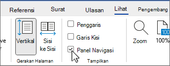 panel Navigasi Word dengan kotak centang dipilih