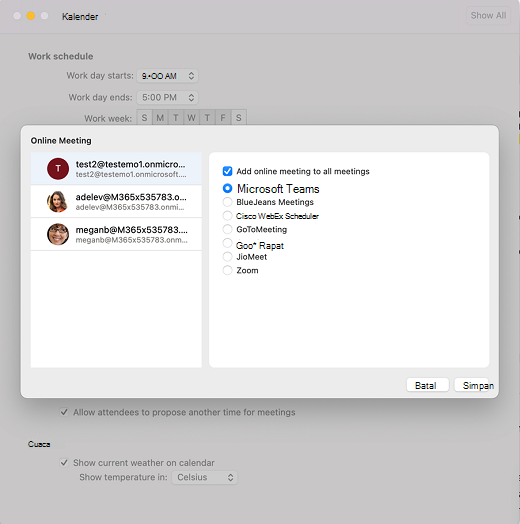 Outlook di Mac - Pilih penyedia rapat online default