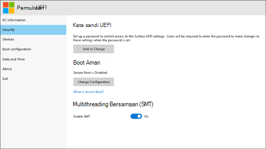 Cuplikan layar layar Keamanan di Surface UEFI.