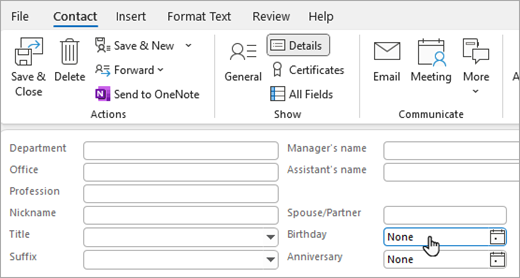 Cuplikan layar tampilan Detail pada kartu kontak untuk menambahkan ulang tahun atau hari jadi