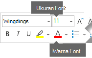 Toolbar Format mengambang menyertakan opsi untuk Ukuran Font dan Warna Font.