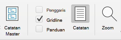 Cuplikan layar kotak centang Garis Kisi di bawah tab Tampilan di Microsoft PowerPoint.