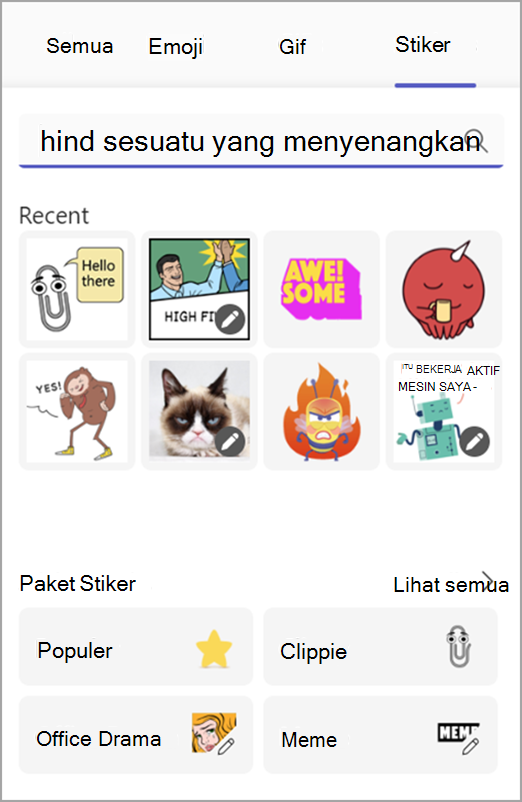 Cuplikan layar memperlihatkan meme dan stiker di pemilih yang menyenangkan