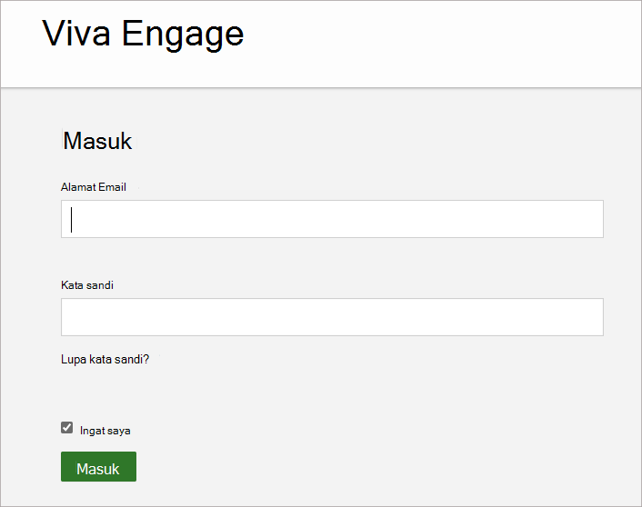 Cuplikan layar memperlihatkan layar tempat Anda memasukkan alamat email dan kata sandi yang terkait dengan akun Viva Engage Anda.