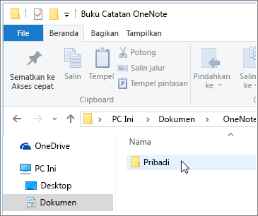 Cuplikan layar folder Dokumen Windows dengan folder buku catatan OneNote terlihat.