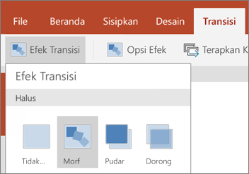 Memperlihatkan transisi > efek transisi > berubah di PowerPoint untuk Android.
