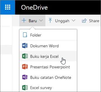 Menu baru OneDrive, perintah buku kerja Excel