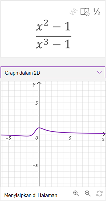 cuplikan layar asisten matematika yang dihasilkan grafik untuk persamaan x kuadrat - 1 di atas x hingga ketiga minus 1