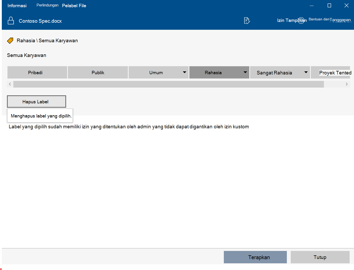 Hapus label dengan Perlindungan Informasi Microsoft Purview File Labeler