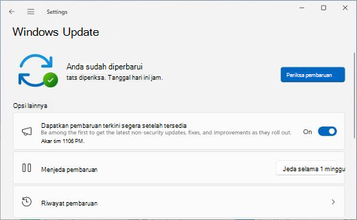 Menampilkan layar Windows Update, dengan tombol alih yang memungkinkan Anda memilih apakah akan mendapatkan pembaruan terkini segera setelah tersedia.