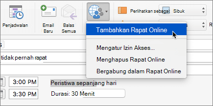 Cuplikan layar permintaan rapat dengan Tambahkan Rapat Online yang dipilih di Pita.
