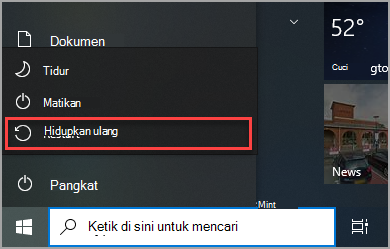 Tempat menemukan opsi Mulai Ulang di menu Mulai Windows 10.