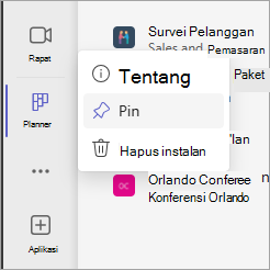 Sematkan aplikasi Planner di Teams dengan ikon Sematkan