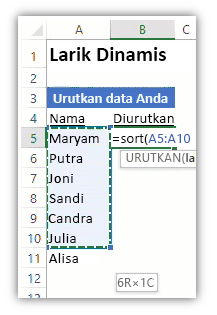cuplikan layar lembar kerja Excel yang menampilkan daftar data dan rumus menggunakan fungsi SORT untuk mengurutkan daftar.