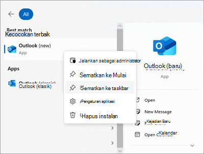 Cuplikan layar memperlihatkan Outlook di Mulai dengan Sematkan ke taskbar