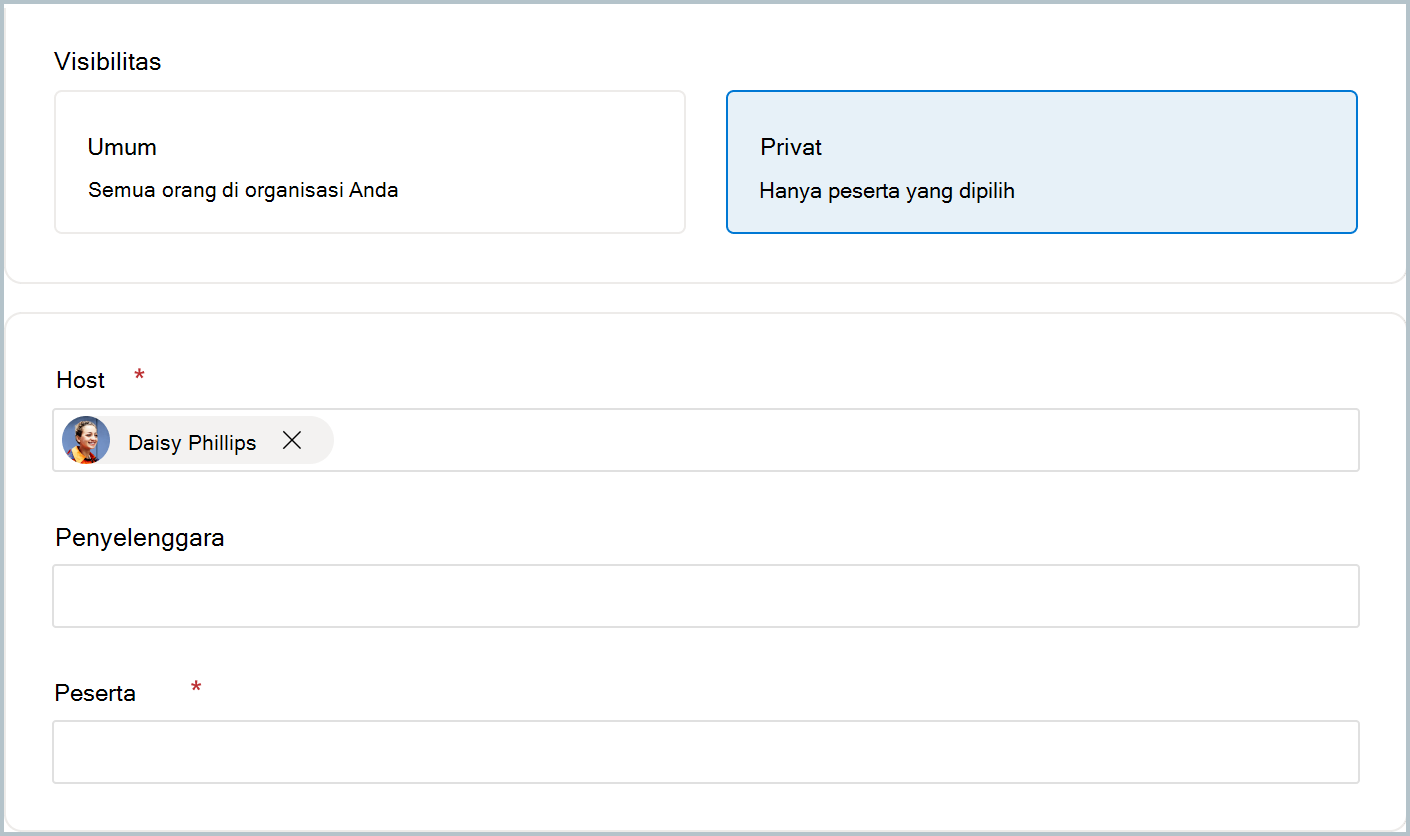 Cuplikan layar memperlihatkan bahwa saat Anda memilih pengaturan Visibilitas privat, Anda bisa menambahkan pengguna dan grup ke AMA Anda.