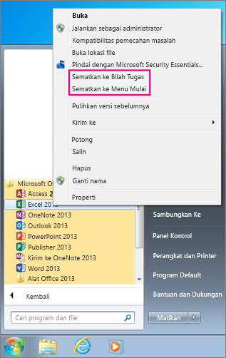Sematkan aplikasi Office ke menu Mulai atau bilah tugas di Windows 7