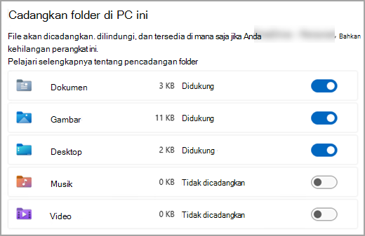 Menu pilihan cadangan folder di Microsoft OneDrive.
