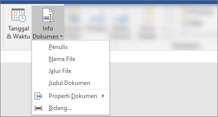 Cuplikan layar memperlihatkan tombol Info Dokumen dan Tanggal & Waktu di pita Word