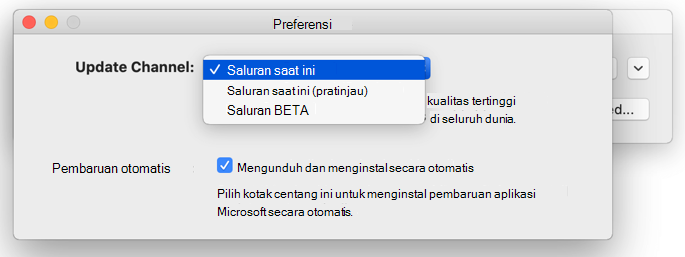 Gambar jendela Microsoft AutoUpdate -> Preferensi Mac yang memperlihatkan pilihan saluran pembaruan.