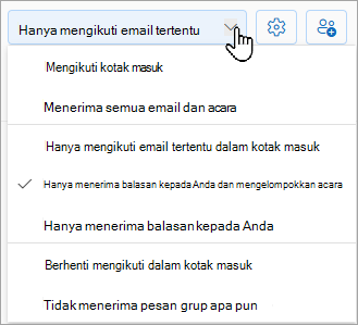 Daftar menurun akan memperlihatkan opsi berikut: ikuti di kotak masuk, hanya ikuti email tertentu dalam kotak masuk, atau berhenti mengikuti di kotak masuk.