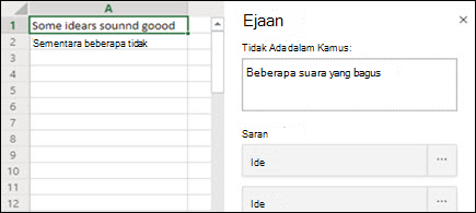 Gambar panel Pemeriksaan Ejaan di Excel untuk web
