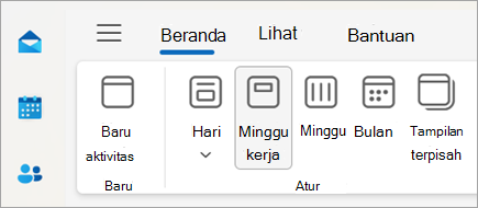 Cuplikan layar pita di Outlook baru dengan pilihan untuk mengubah tampilan kalender Anda