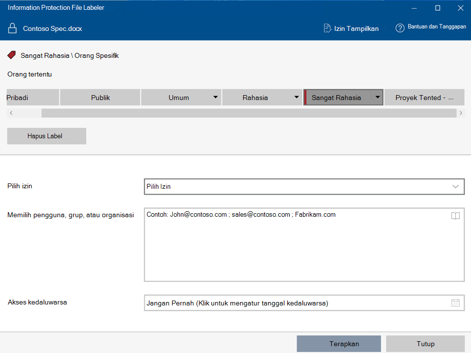 Menerapkan label sensitivitas dengan izin kustom menggunakan Perlindungan Informasi Microsoft Purview File Labeler