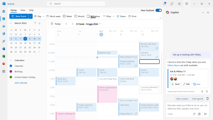 Cuplikan layar cara memesan satu-satu rapat menggunakan Penjadwalan Bantuan Obrolan di Outlook.