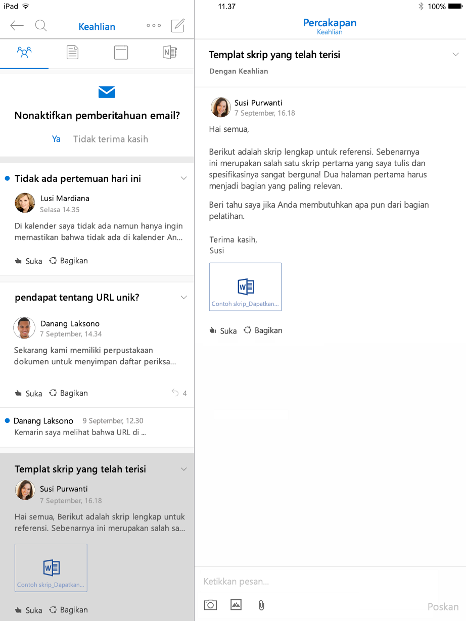 Tampilan percakapan dalam grup Outlook untuk iPad