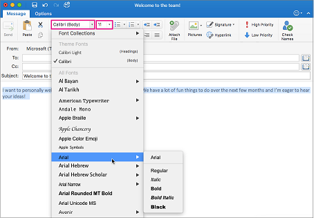 Pemilih font dan ukuran font di Outlook untuk Mac