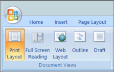 Cuplikan layar memperlihatkan grup tampilan dokumen dengan opsi tata letak cetak yang dipilih. Opsi lain yang tersedia adalah Baca layar penuh, tata letak Web, kerangka, dan draf.