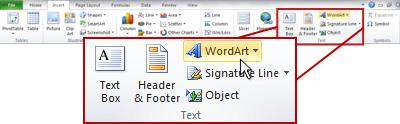 Tab Sisipkan di Excel, dengan tombol sisipkan WordArt disorot.