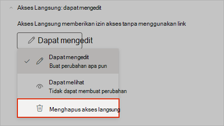 Cuplikan layar OneNote memperlihatkan cara menghapus akses berbagi langsung