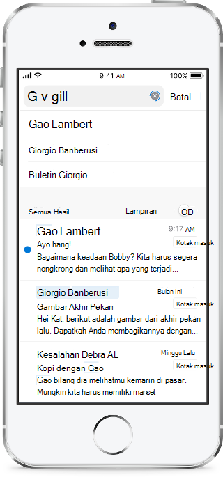 Memperlihatkan layar ponsel, dengan beberapa huruf yang diketik dalam kotak pencarian dan saran di bawahnya.
