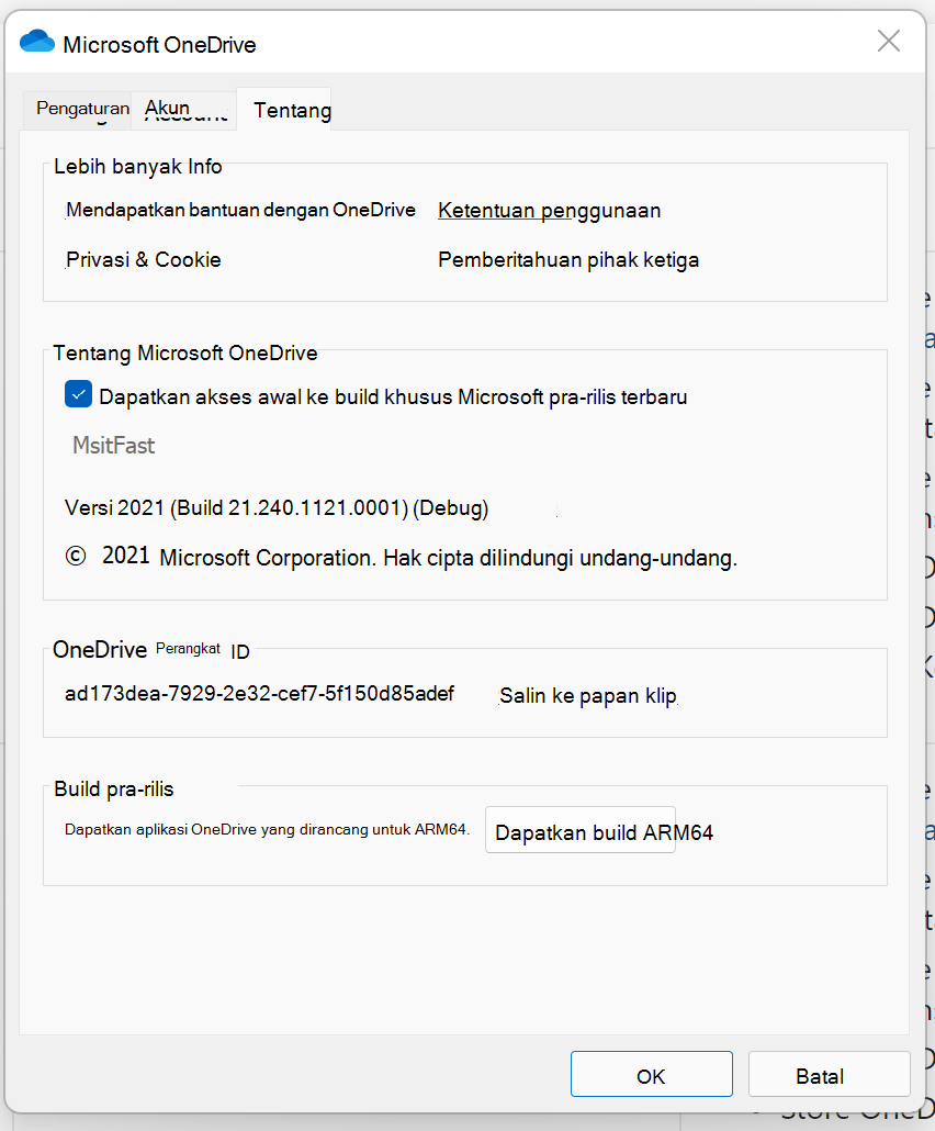 Cuplikan layar pengaturan OneDrive di komputer Windows.