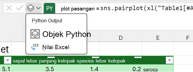 Gunakan menu output Python di samping Bilah Rumus untuk mengubah tipe output.