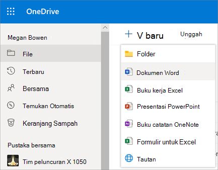 Menu file atau folder baru di OneDrive for Business